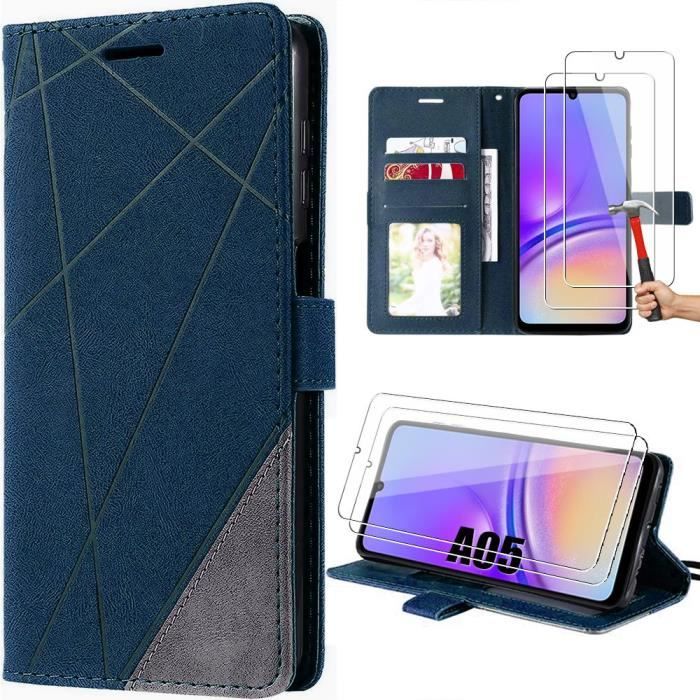 Coque pour Samsung Galaxy A05 avec 2 Verres Trempés, Antichoc avec Poche à Cartes Effet Cuir Bleu Marine (pas pour A05s)