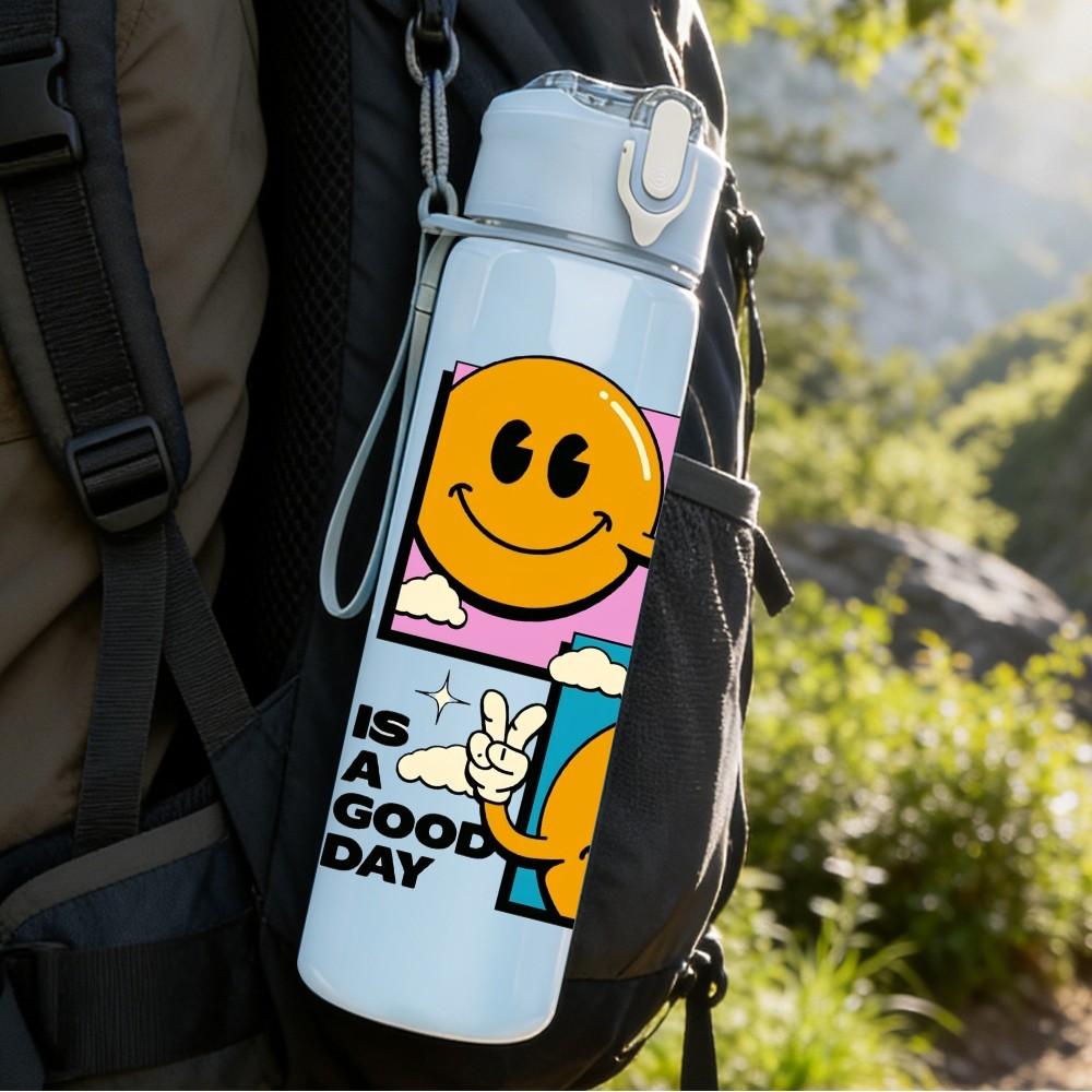 1PC Smiley Face Retro Pop Cartoon Pattern 750ml Color Plastic Sports Water Bottle Leakproof Flip Straw Lid Suitable for Sports Office Home Use