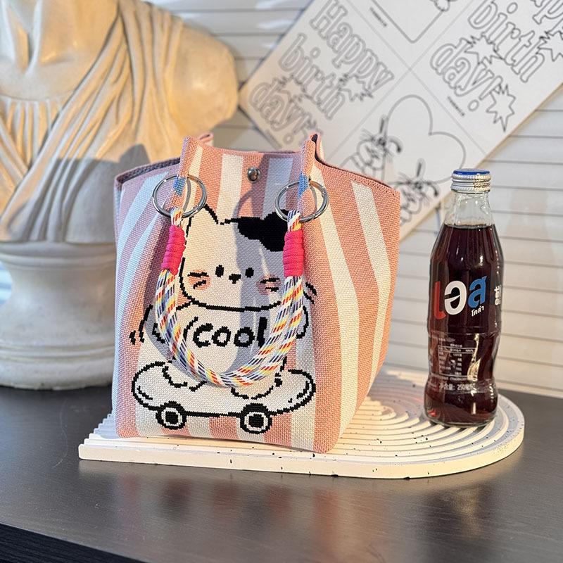 Cute Cartoon Knitted Bucket Bag For Women Girls  Versatile Large Capacity Portable Handbag Tote Small Square Bag Gift