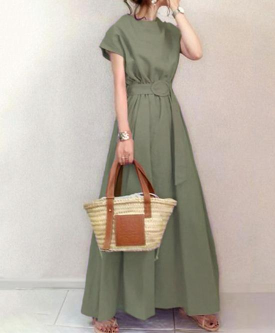 

2024 Summer Loose Plus Size Swing Dress with Waist-Cinching Belt - Available in 6 Colors One Size зелёный