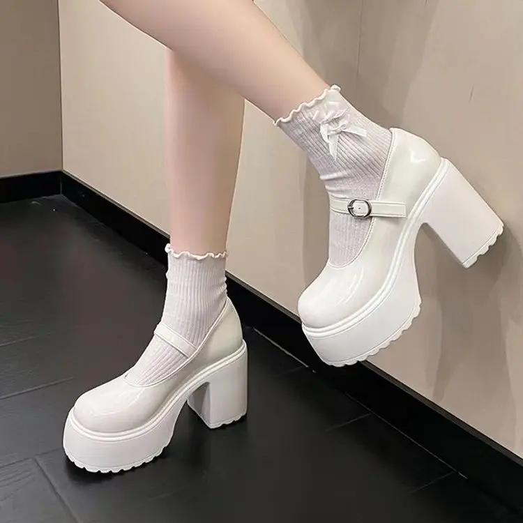 New Fashion Coarse Heel One Piece Buckle Leather Shoes  Thick Bottom Retro Mary Jane High Heels