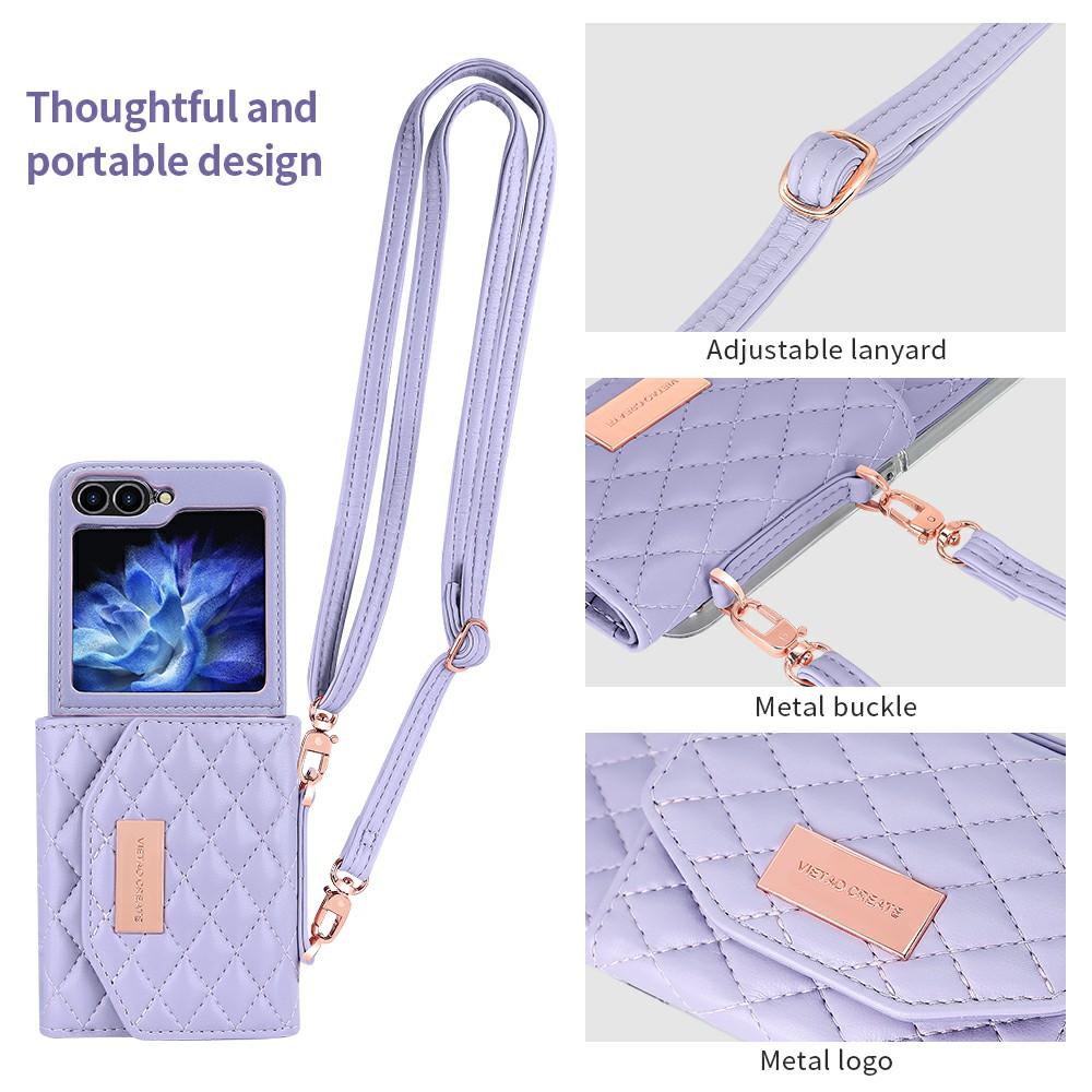 For Samsung Galaxy Z Flip7 FE 5G/Z Flip6 5G Case with Shoulder Strap PU+PC Wallet Phone Cover Built-In Back Screen Film