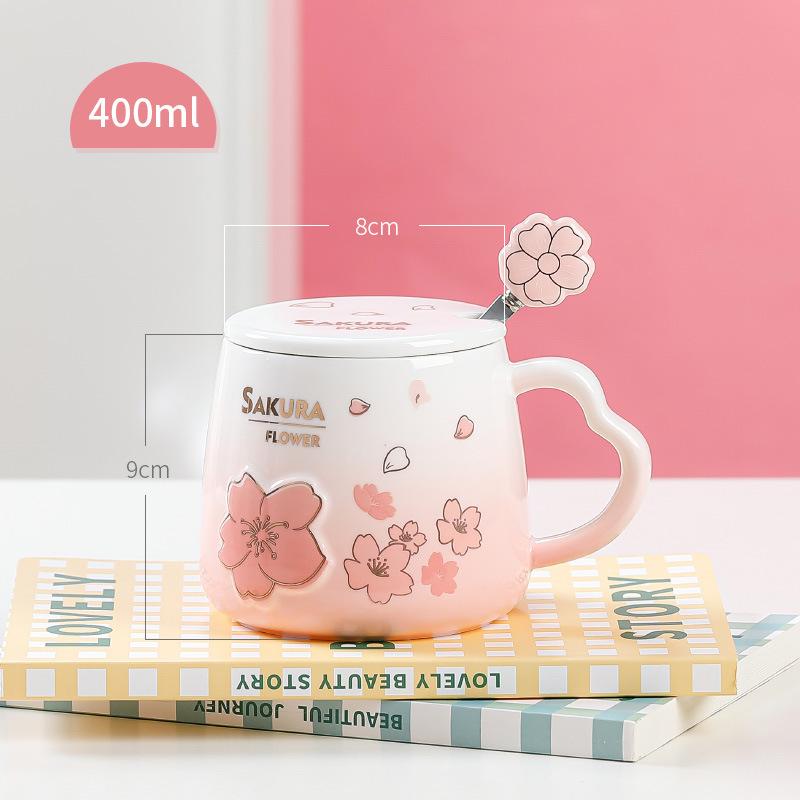 New Creative Cherry Blossom Ceramic Water Cup with Lid Spoon Heat resistant Cup Home Office Relief Mug Girl Heart