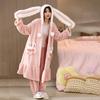 Fluffy Long-eared Hooded Nightgown with Trousers 2 Piece Set Winter Flannel Thickened Warm Pajamas Set Pink Cute Cartoon Robes
