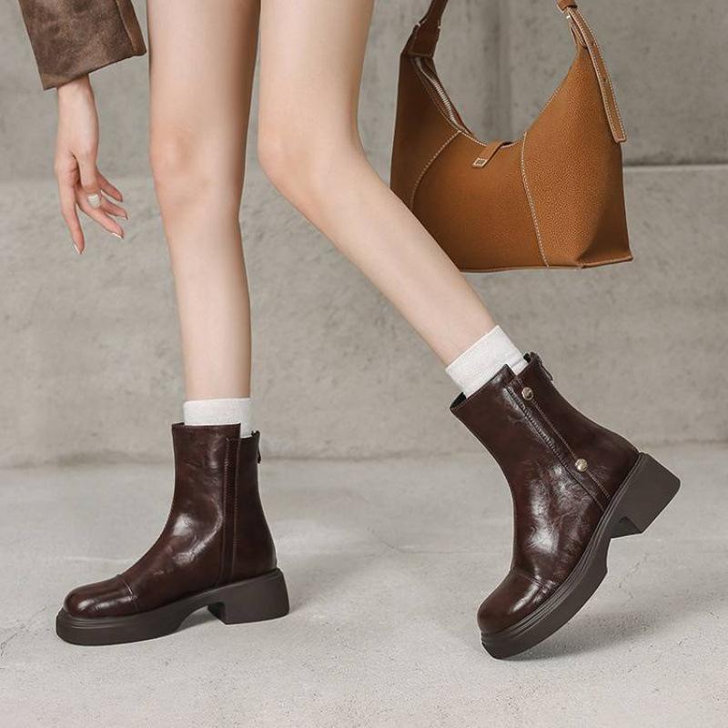Autumn and winter women's platform Martin boots new solid color large size women's boots rear zipper middle heel round head medium boots women