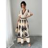 Women's Vintage Floral V-Neck Maxi Dress, Smocked Waist A-Line Long Dress for Summer Casual & Beach Wear