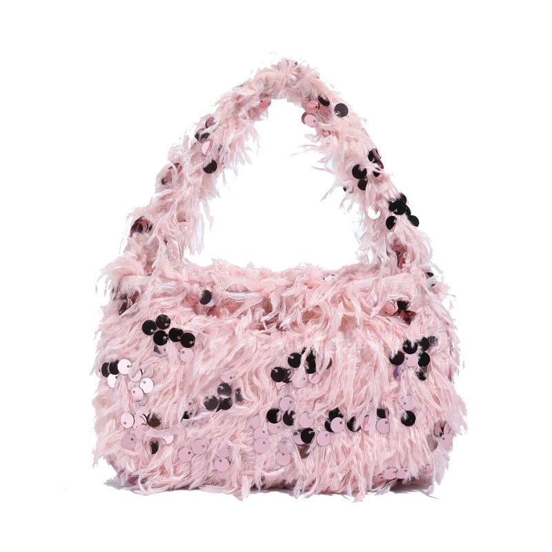 

Soft Plush Wrist Bag Sequined Shoulder Bag Lamb Wool Tote Bags for Women Handbags Warm Faux Fur Crossbody Bags Flap Purses