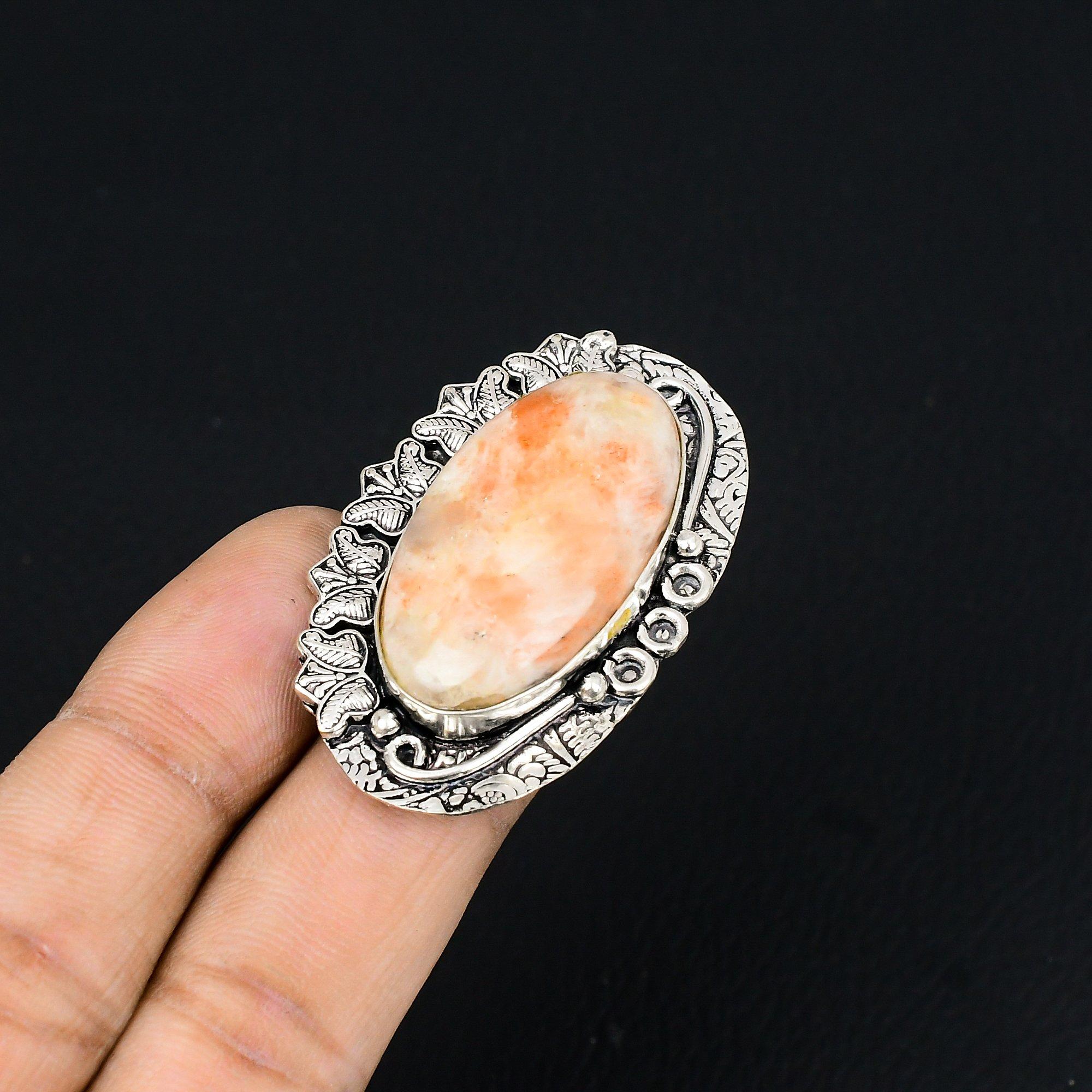 925 Sterling Silver Sunstone Stone Stackable Promise Wedding Ring Jewelry Size 6 6