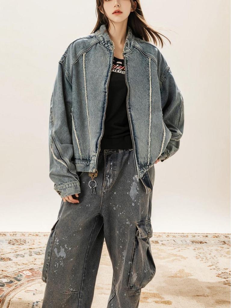 Women's Retro Washed Frayed Denim Jacket - Loose Fit Casual Outerwear