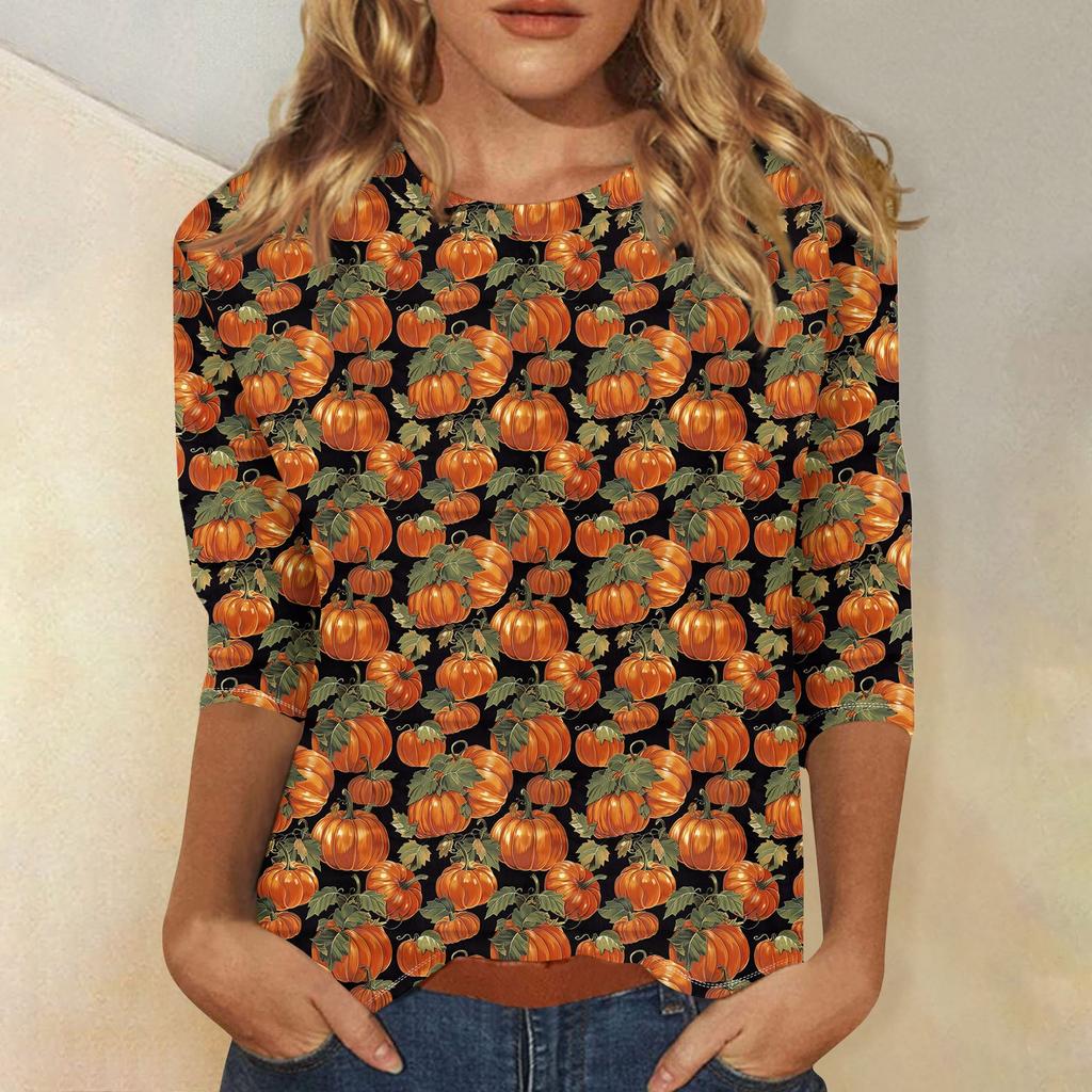 Women's Fashion Casual Round Neck 3/4 Sleeve Loose  Printed T-Shirt Ladies Top