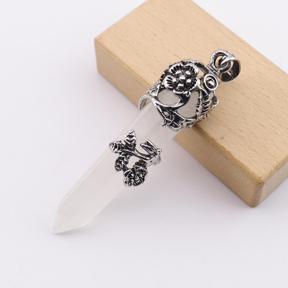 Natural Stone Bullet Crystal Single Pointed Hexagonal Column Pendant Rose Plum Necklace N761