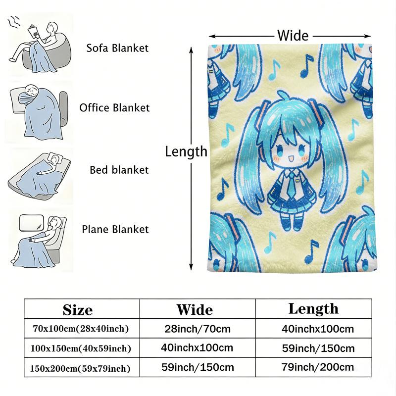 Hatsune Miku Cute Crayon Style Flannel Throw Blanket Gift for Anime Fan Summer Nap Throw Sofa Blanket Bed Cover Travel Blanket