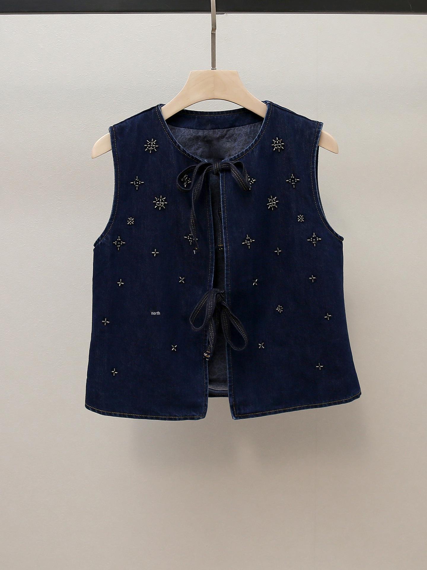 

Женский осенний топ-жилет с бисером и джинсовый комплект А-силуэта с широкими штанинами L