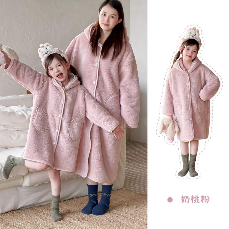Kids Winter Warm Pajama Set Girls Boys Soft Plush Sleepwear With Hooded Robe Pants A-Class Safe Toddler Home Outfit