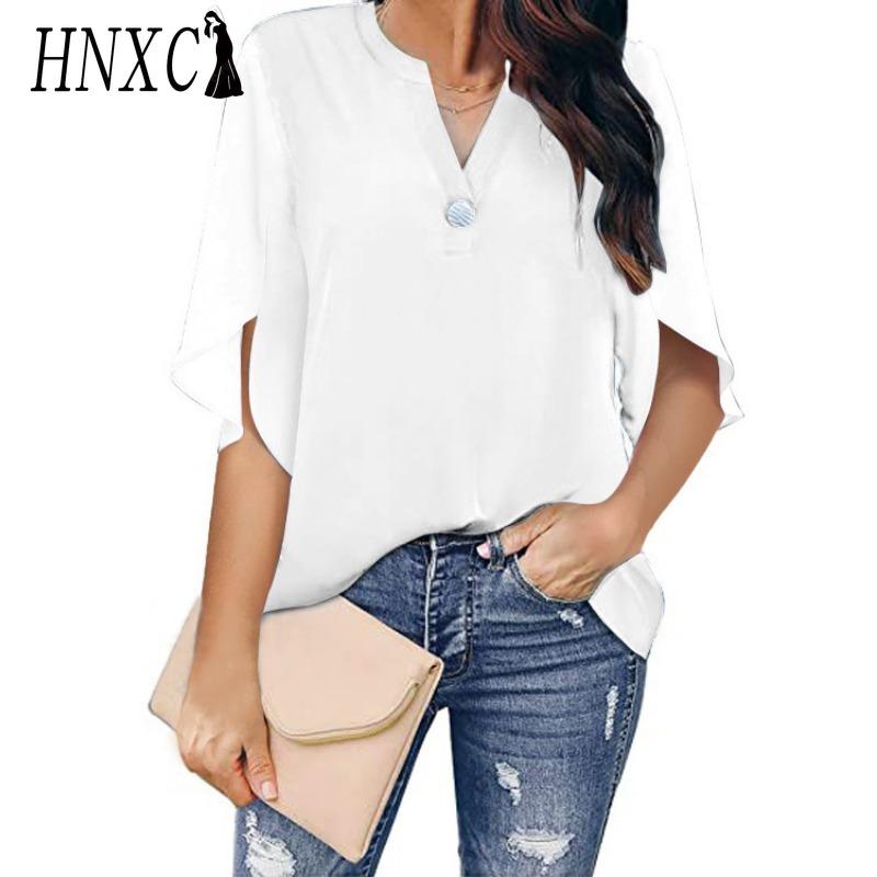 HNXC Women's Fashion Casual Solid Color Print Short Sleeve V Neck Blouses & Shirts