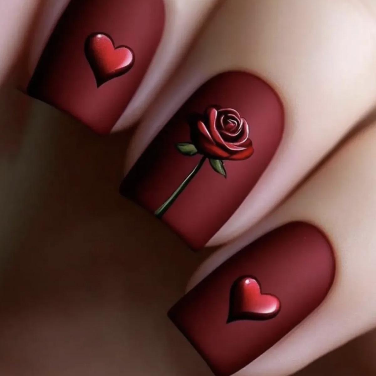 

Red Heart Rose Flower Press-On Nails - Reusable Design
