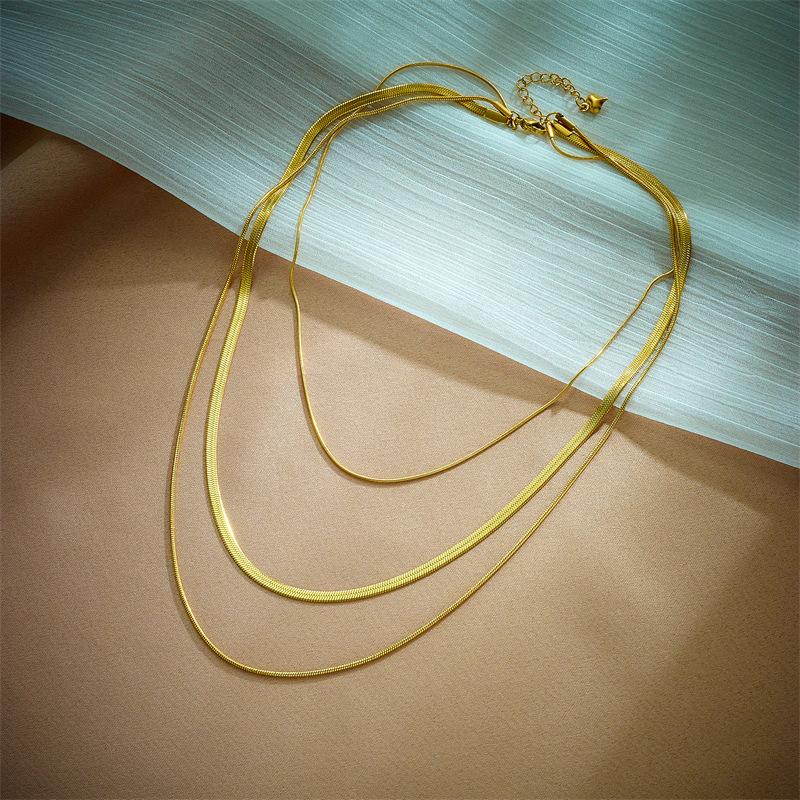 Gold Plated Triple Layer Herringbone Chain Necklace Fashion Jewelry for Women