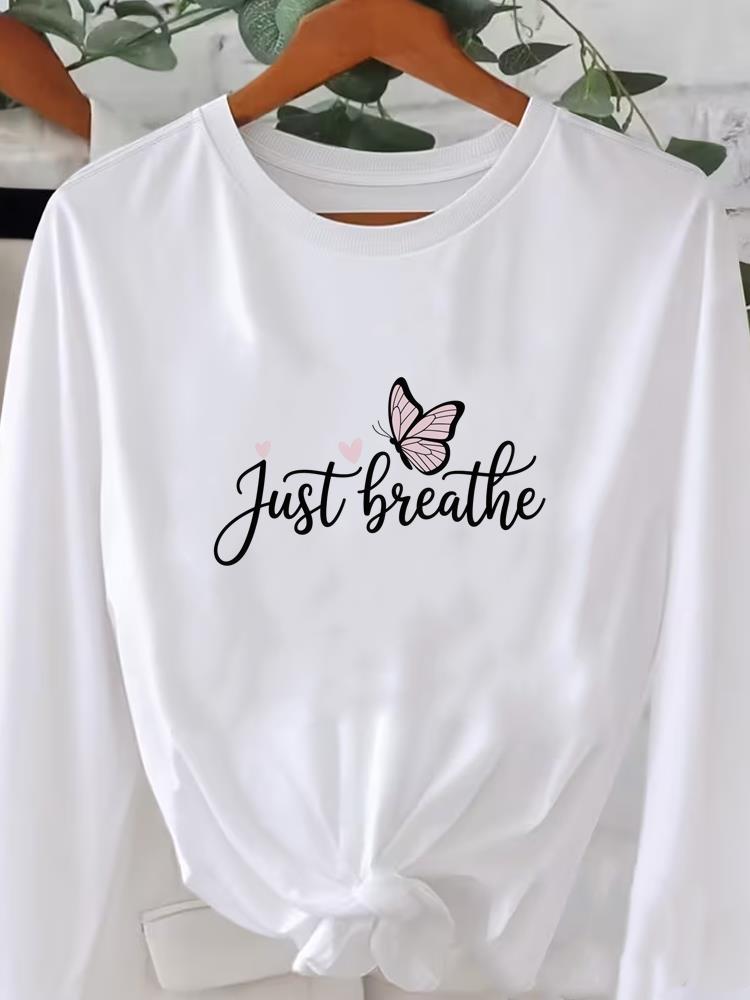 (Asian Size) flower letter cute style Printed o-neck Long Sleeve T Shirt Tee Lady Women Female Clothing Casual Fashion Top Graphic T-shirts