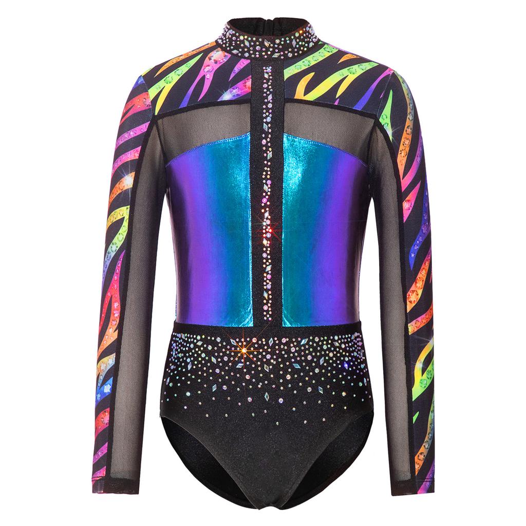 Body da Bambina Brillante con Strass, Manica Lunga, Schiena Scoperta, Patchwork, Chiusura a Bottoni a Pressione sull'Inseme, Abbigliamento Sportivo da Danza