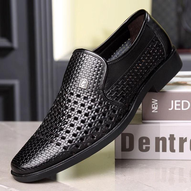 2025 Men's Breathable Hollow Leather Sandals - Formal, Casual, Woven Design for Dad