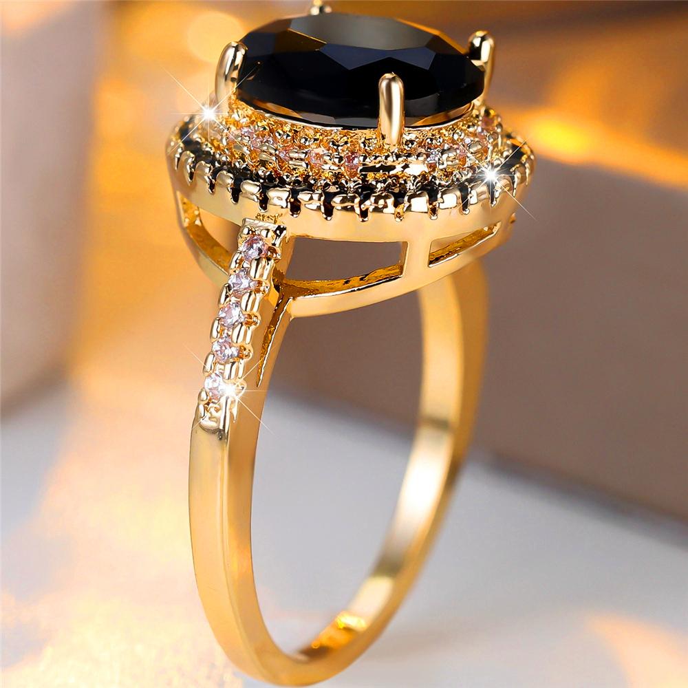 Trendy Black Zircon Crystal Vintage Gold CopperColor Wedding Bands Engagement Rings For Women Men Minimalist Jewelry