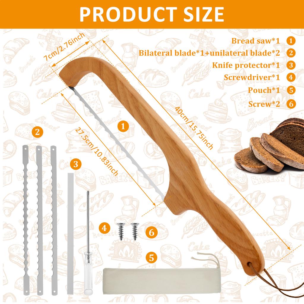 Bread Bow Knife Wood Handle with 2 Extra Stainless Steel Serrated Blades Multipurpose Bread Saw Slicer Home Bakery Baking Tools