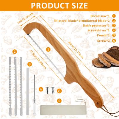 Couteau à pain à arc Manche en bois avec 2 lames dentelées supplémentaires en acier inoxydable Scie à pain trancheuse polyvalente Outils de boulangerie maison