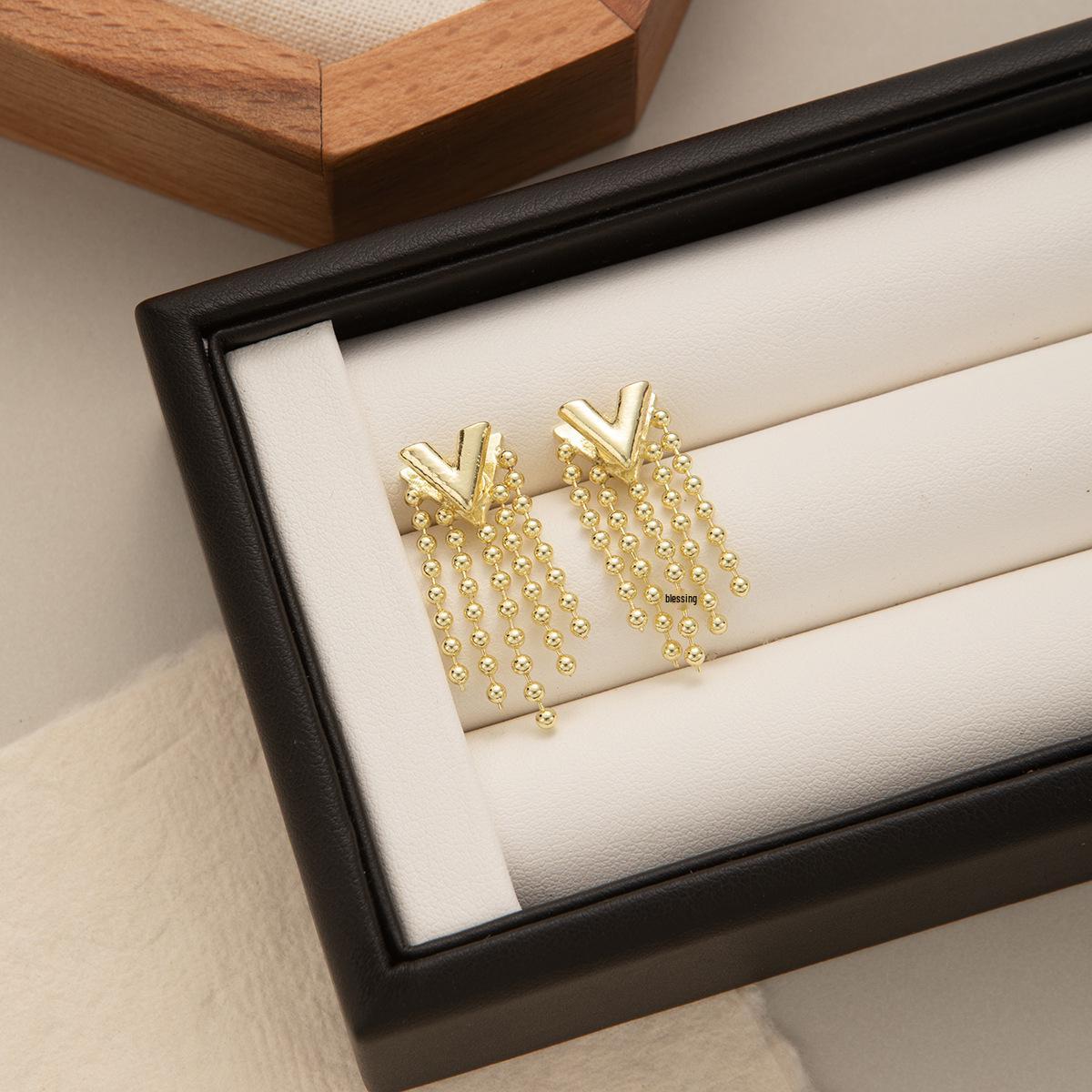 Silver Needle Tassel Earrings, Luxury Two-Way V Studs for Women