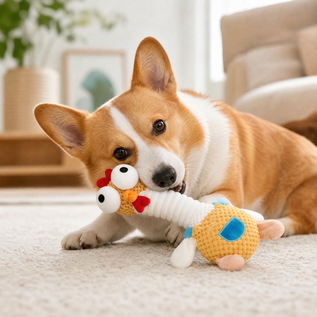 Interaktives Haustierspielzeug für Hunde und Katzen - Quietschendes Plüschtier mit Seil zum Kauen, zur Zahnpflege und gegen Langeweile, Geeignet für kleine, mittlere und große Tiere