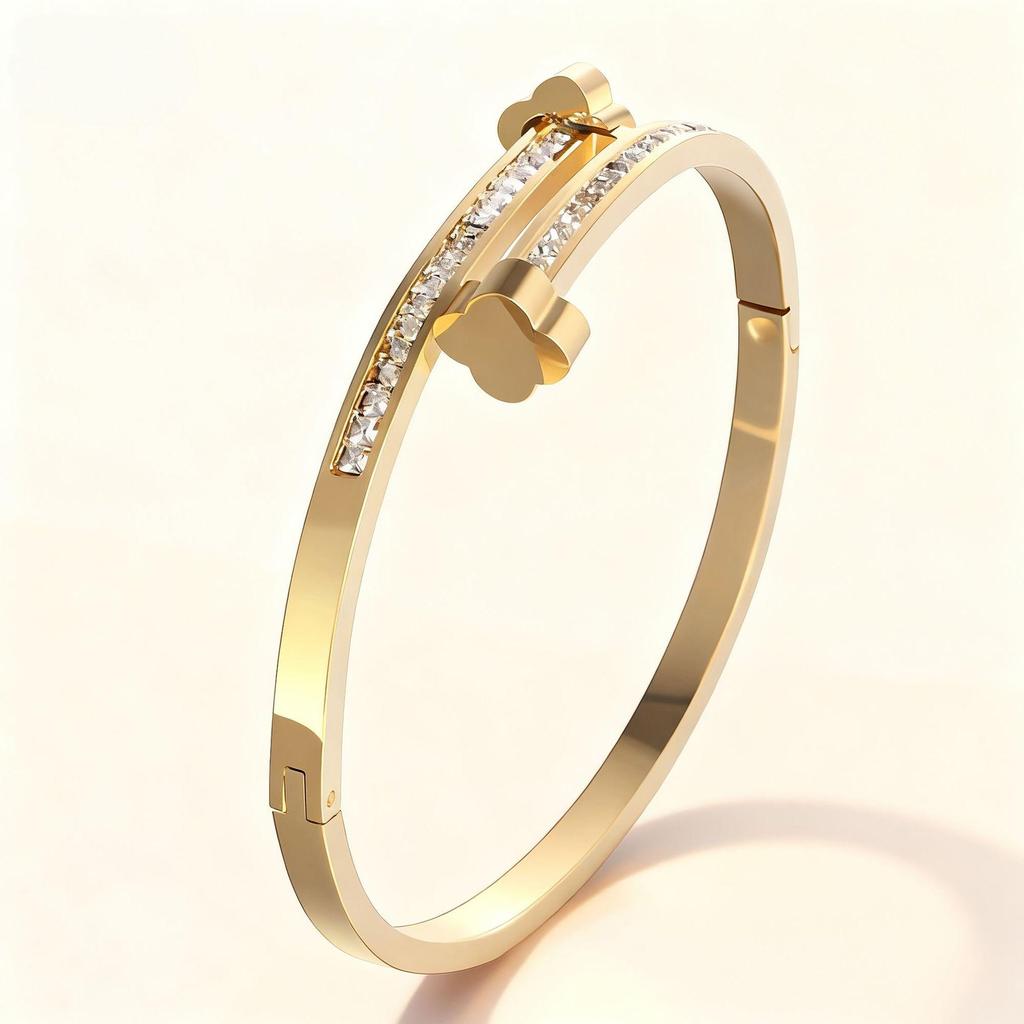 18K Gold Vierblättriges Kleeblatt Diamantbesetztes Öffnungsfähiges Armband - Nicht verblassendes Titanstahl-Armband für Damen, Europäischer & Amerikanischer Modeschmuck.