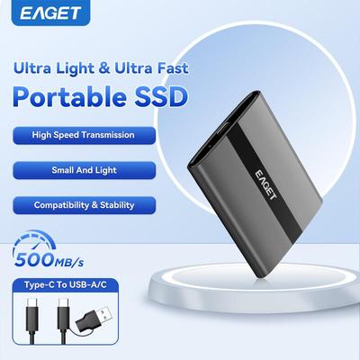 EAGET 2T Portable SSD Type-C To USB-A/C Data Cable Connect 1T/480G/240G/120G SSD For Videos and Photos PC and Mac