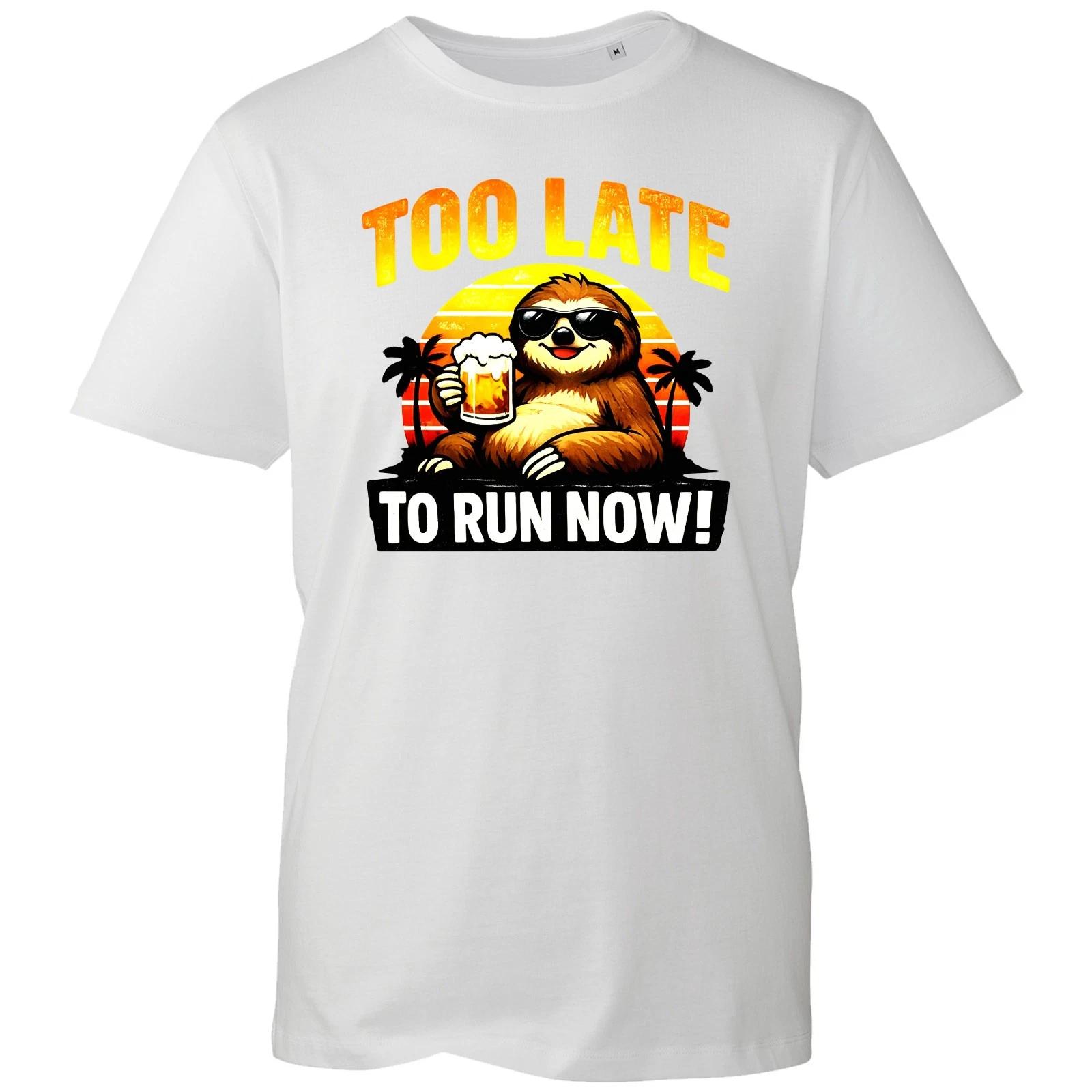 

Funny Sloth Beer T-Shirt Too Late To Run Now Retro Sunset Adult Humour Mens Tee S