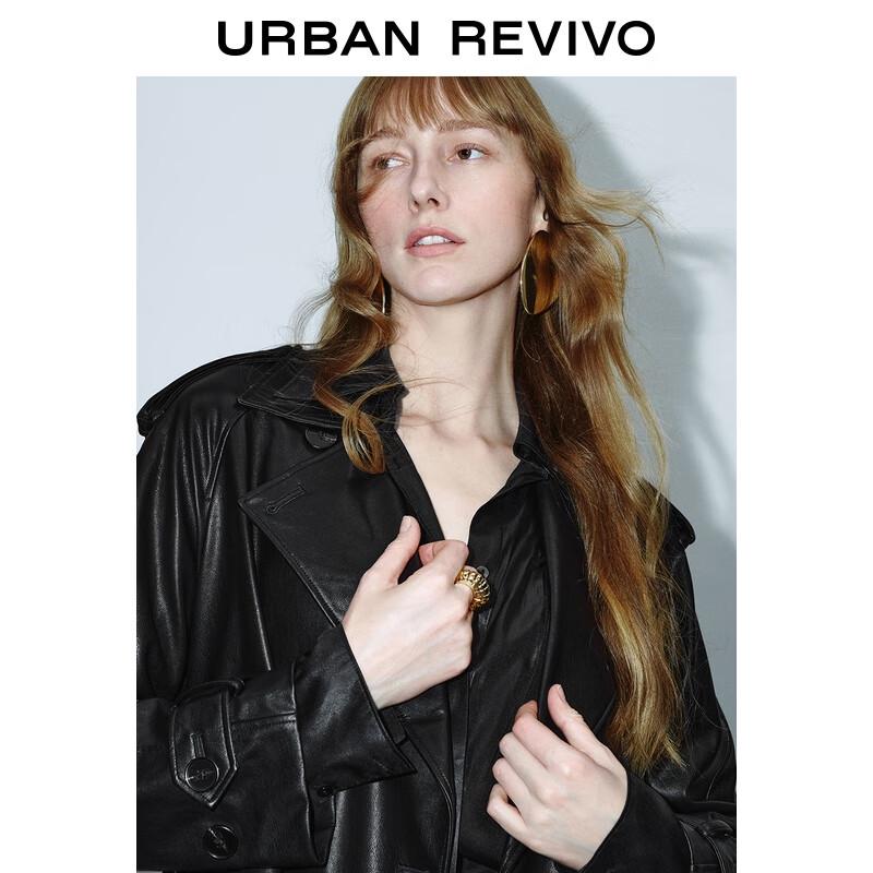 UR 2025 Winter Women's PU Double-Breasted Belted Trench Coat