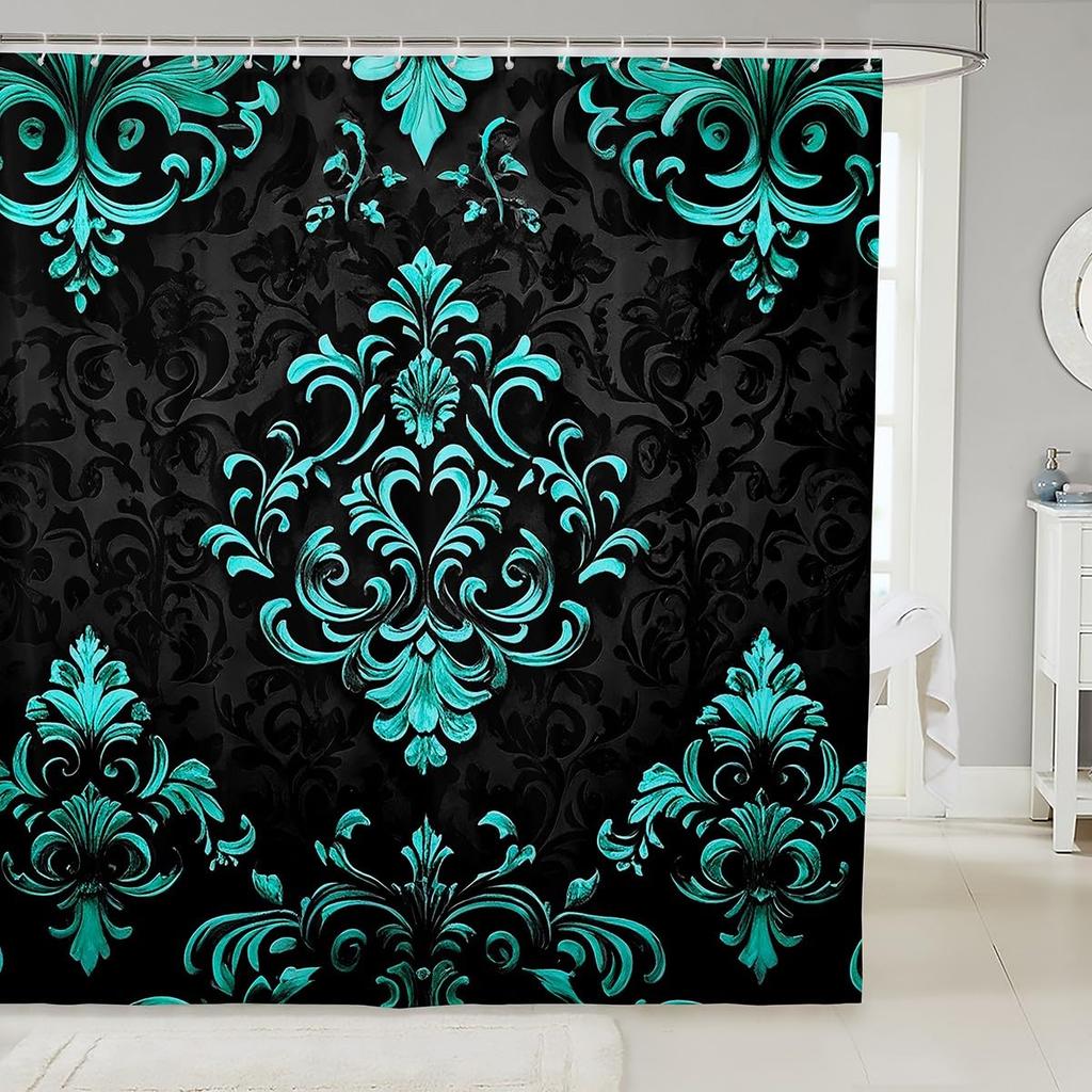 Vintage Boho Damask Floral Bathroom Curtain,Bohemian Exotic Goth Shower Curtain Victorian Baroque Flower Shower Bathtub Decor