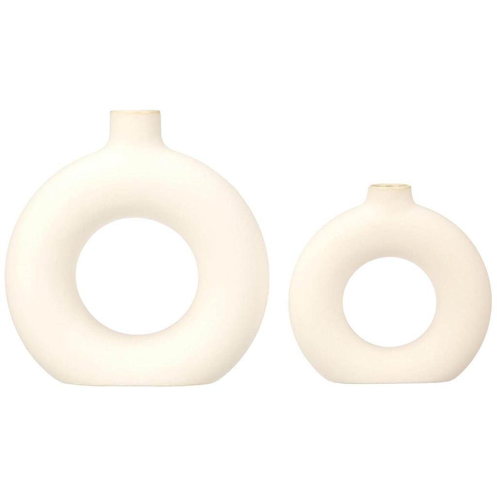 Modish Ceramic Donut Shaped Vase | for Unique Home Decor (Pack of 2 | White)