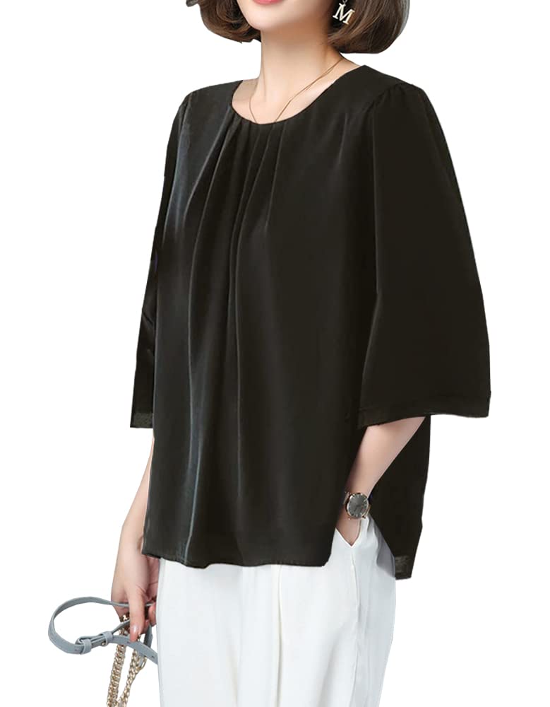 

Шифоновая блузка женская с рукавом 3/4, офисная, топ, сшитая, на подкладке, аккуратная, стильная, моющаяся, весна, (М, Черный) чёрный