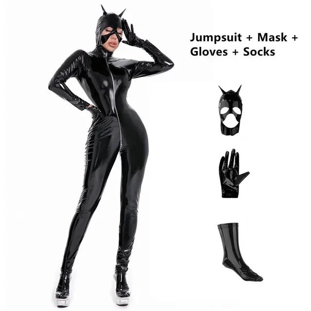 Long Sleeve Zip Open Crotch Bodysuit Women Shiny PU Faux Sexy Look Suit Leather Jumpsuits Latex Catsuit Wet Clubwear