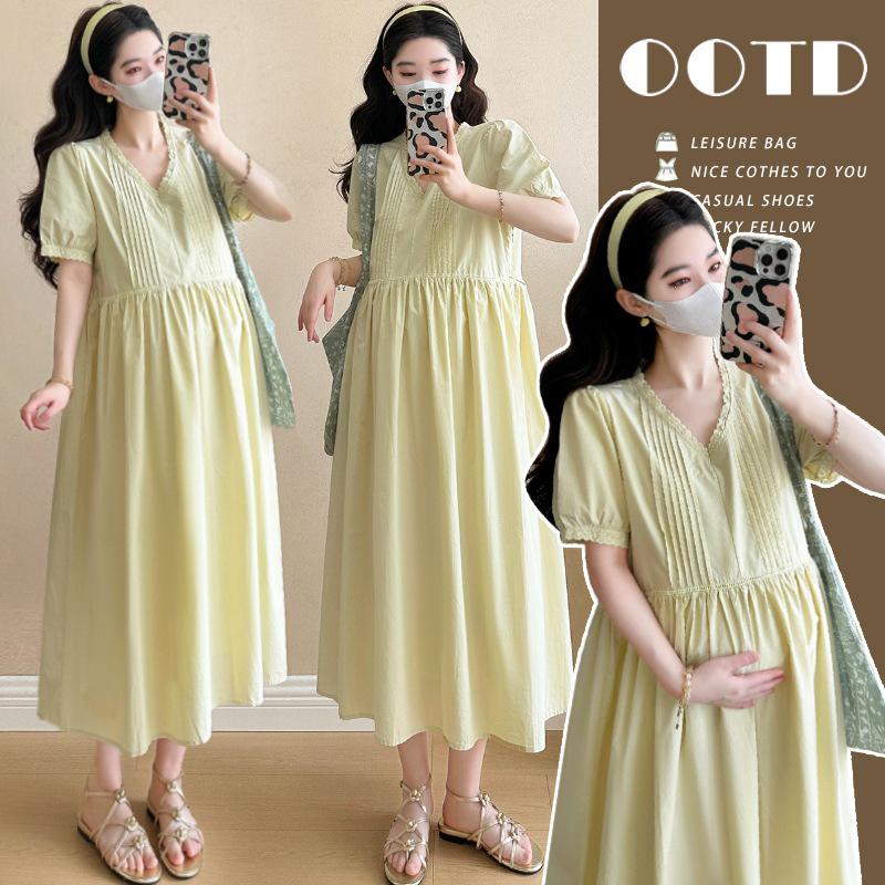 2026 Spring/Summer V-neck Lace Patchwork Washed Cotton Maternity Dress - Korean Style M