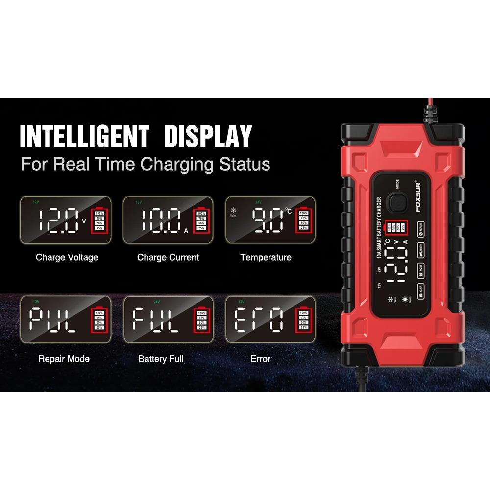 12V 10A Fully Automatic Car Battery Charger 7-Stage Fast Charging 6-180Ah for AGM GEL WET Lead Acid Battery Charger LCD Display