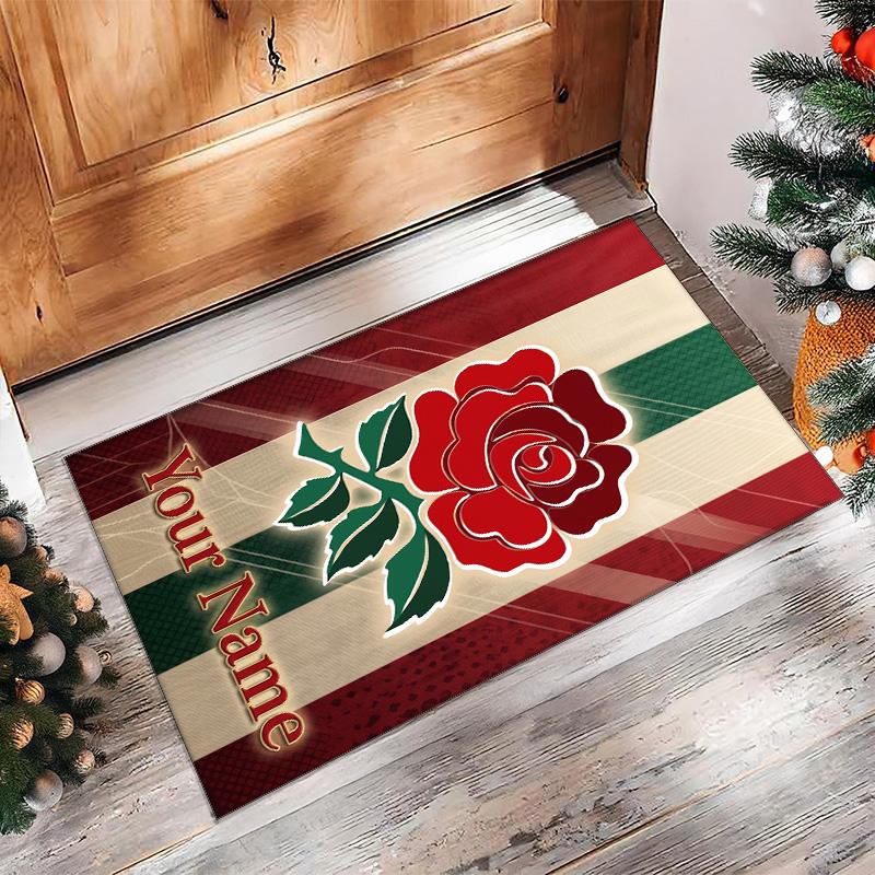 England Rugby Crystal Velvet Rug, Custom Name Text Personalized Non‑Slip Floor Mat for Home Decor Gift