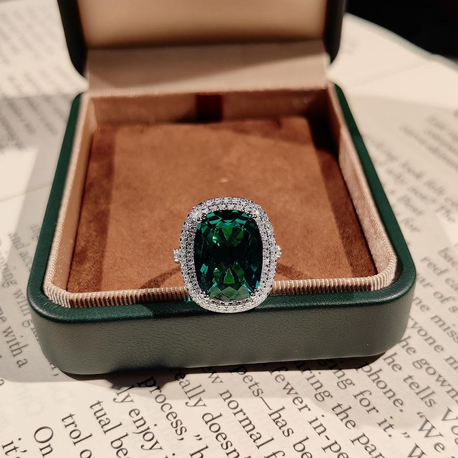 Temperament Fashion Emerald Pendant Necklace Inlaid Fat Rectangle Green Diamond Stud Earrings Live Ring Treasure Suit Women