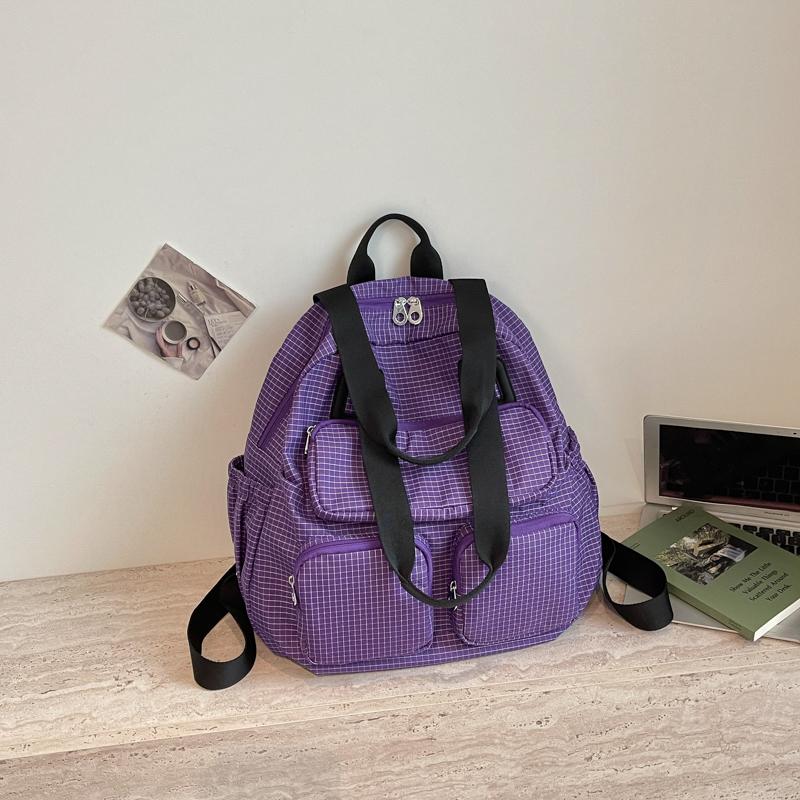 Color Contrast Backpack Women's Large Capacity Commuter Handbag Multi-Functional Plaid Tote Bag
