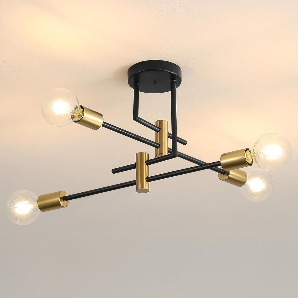 DELIPOP Sputnik Light Fixture, 4 Light Black and Gold Modern Sputnik Chandelier Ceiling Light, E26 Industrial Metal Semi Flush Mount Ceiling Light