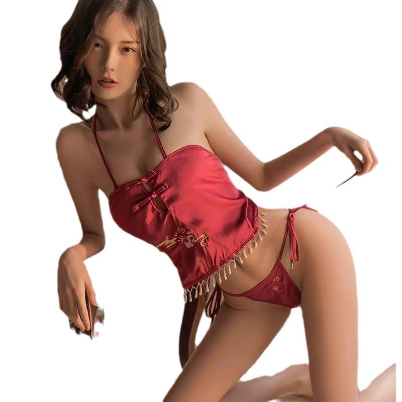 Sex Underwear Sexy Women's Belly Pocket Pajamas Hot Passion Neck Sling Cheongsam Retro Lace-up Hollow Woman