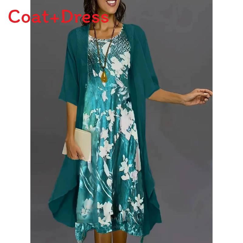 Elegant Polyester Chiffon Twopiece Dress With 3d Print For Spring Fashion