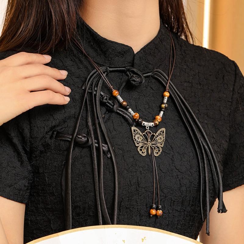 Vintage Wax Rope Handmade Ceramics Beads Butterfly Pendant Necklace For Lovers Women Sweater Chain Aesthetic Jewelry