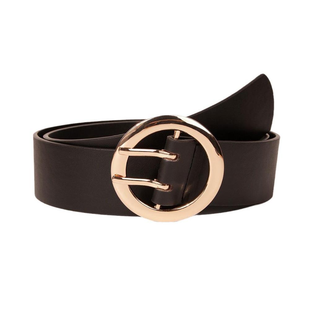 Minimalist Gold Round Buckle PU Belt – European & American Style