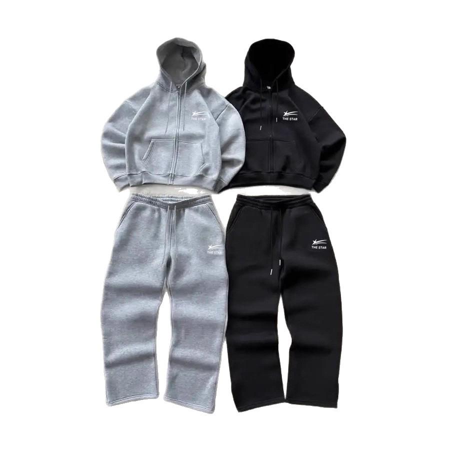 2025 Trendy European Style Unisex Streetwear Set - Printed Zipper Top & Bottoms