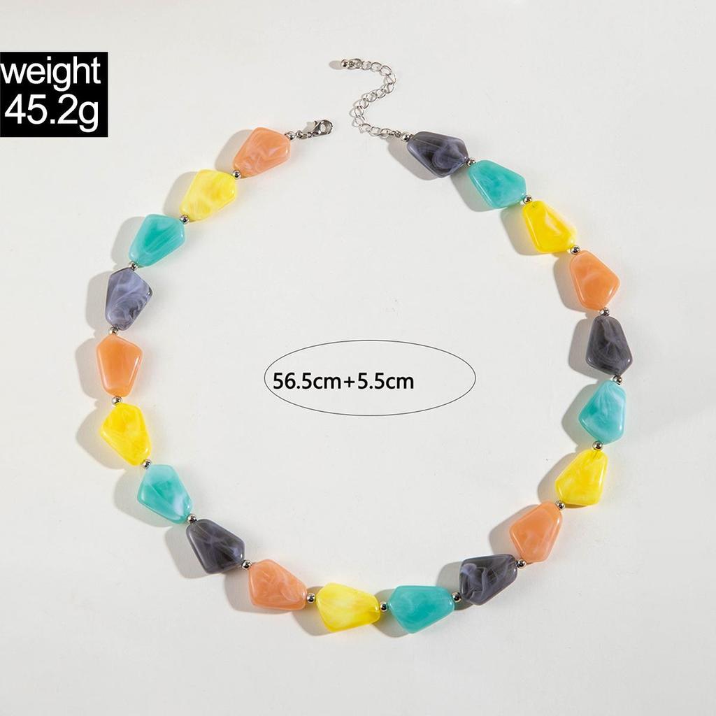 Bohemian Style Acrylic Shaped Bead Necklace Beach Style Round Bead Bamboo Knot Mixed Necklace Candy Color Blocked Necklace
