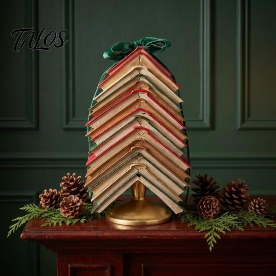Vintage Hardcover Book Stack Figurine Stacked Christmas Tree Tabletop Decor, Resin Page Ornament for Home Creative Literature Themed Xmas Gift Office